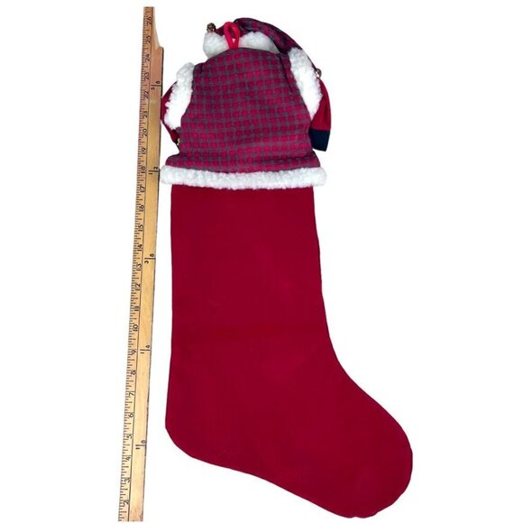 Santa Red Velour Christmas Stocking 3D Porcelain Face Glasses Bell Plaid Vest 24 - Picture 6 of 8